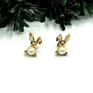 Gold Tone Faux Pearl Bunny Stud Earrings by AVON